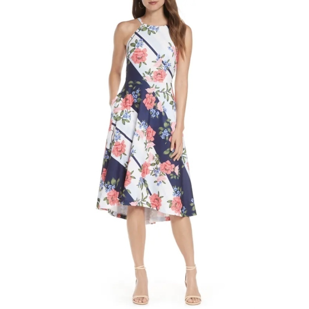NWT Vince Camuto Floral Halter Neck A-Line Midi Dress Sz. 12 - Picture 2 of 6